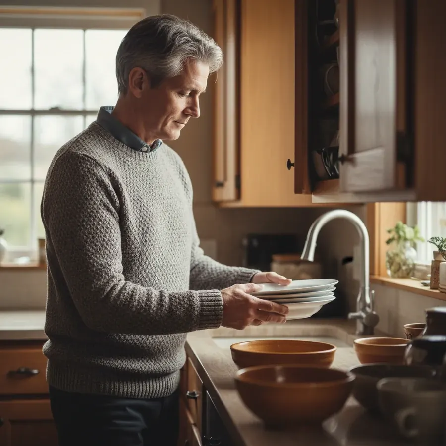 A gray-haired man in a knit sweater putting a stack of white plates away in a warm kitchen