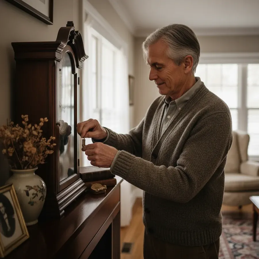 A gray-haired man in a cardigan winding a wooden mantel clock