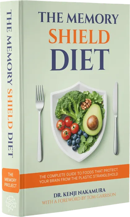 Cover of The Memory Shield Diet e-book with a plate of vegetables shaped like a shield