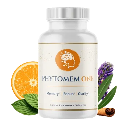 Phytomem One bottle of 30 tablets labeled Memory, Focus, Clarity, beside an orange, lavender and cinnamon sticks