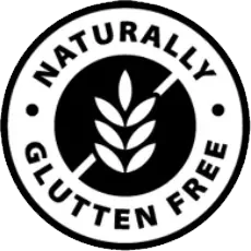 Black and white round seal with crossed wheat reading Naturally Gluten Free