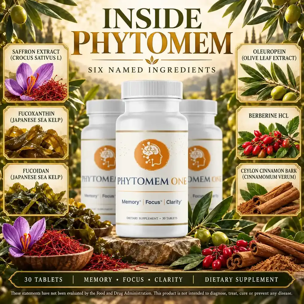 Brand graphic titled Inside Phytomem with six named ingredients around three Phytomem One bottles
