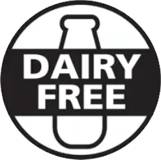 Black and white round seal with a milk bottle reading Dairy Free