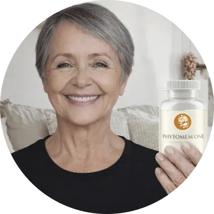An older woman in a black top smiling in a living room and holding a Phytomem One bottle