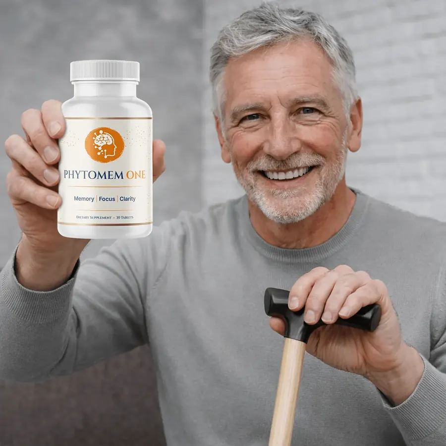 A smiling gray-haired man holding up a Phytomem One bottle while leaning on a cane