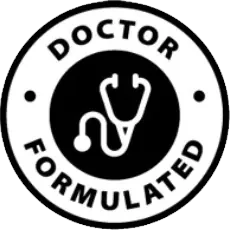 Black and white round seal with a stethoscope reading Doctor Formulated