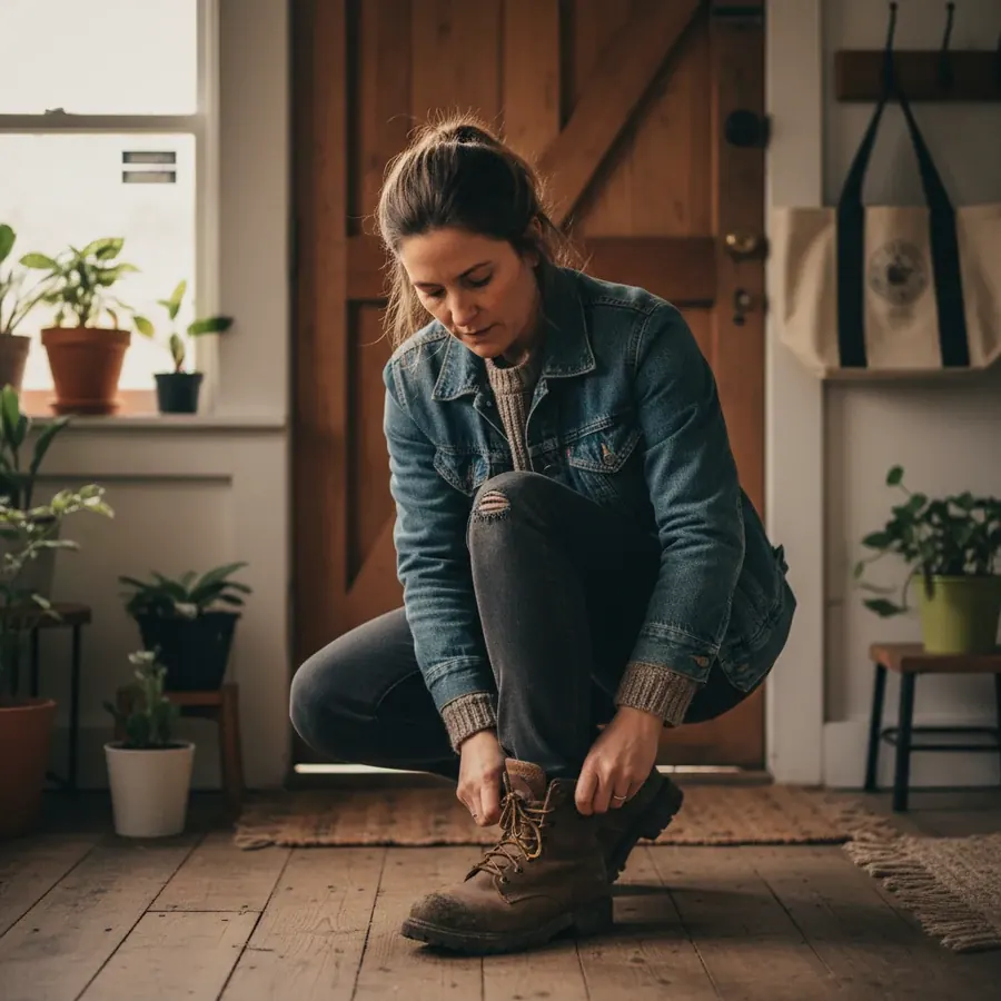 A woman in a denim jacket crouching by a wooden door to lace her boots